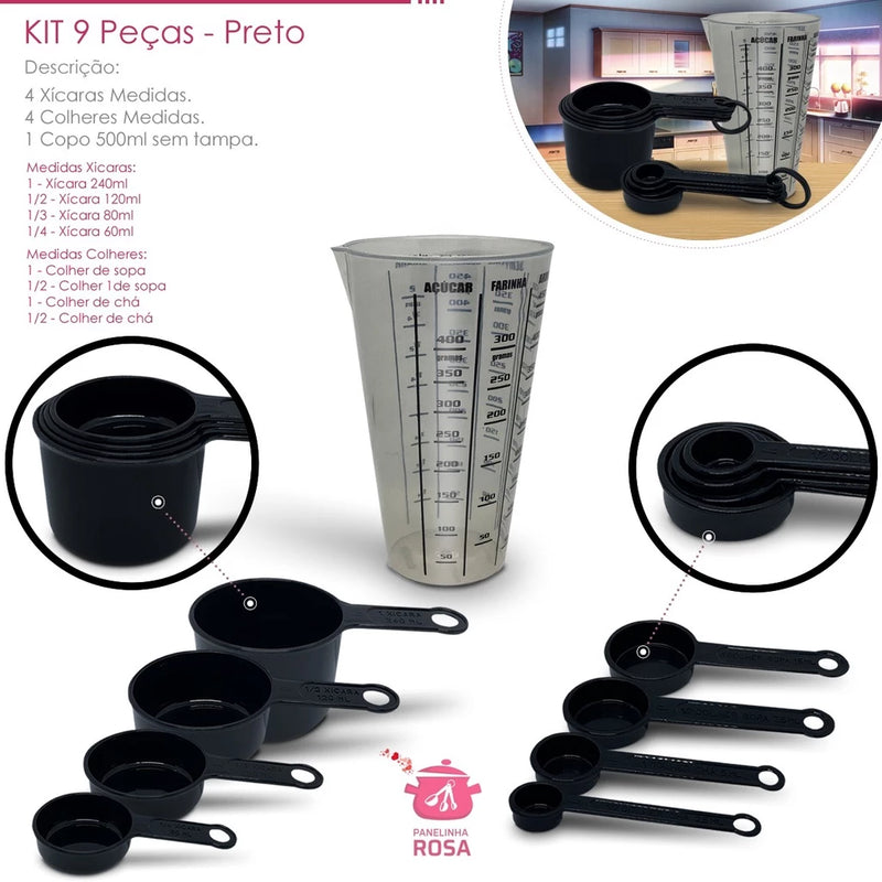 kit medidores 9 peças copo de 500 ml xicara e colheres preto casa cozinha decoração e confeitaria e para o seu lar