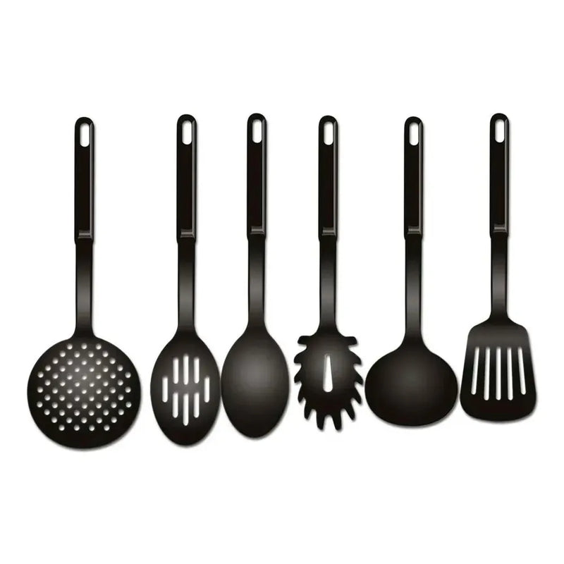 Conjunto Kit Utensílios Cozinha Nylon Colher Concha Escumadeira Espátula Pegadores Preto