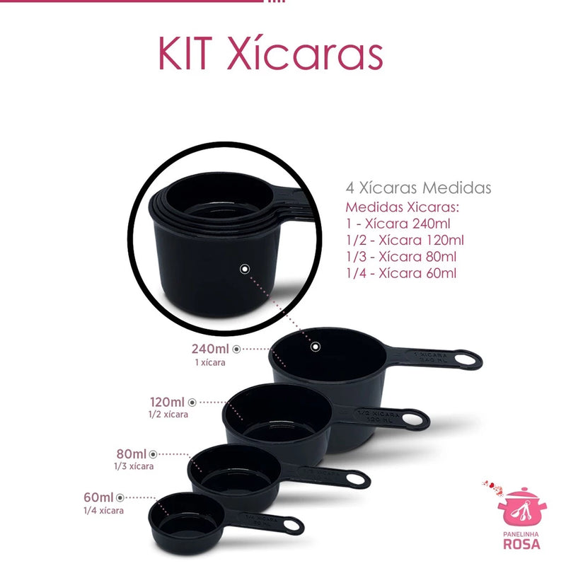 kit medidores 9 peças copo de 500 ml xicara e colheres preto casa cozinha decoração e confeitaria e para o seu lar