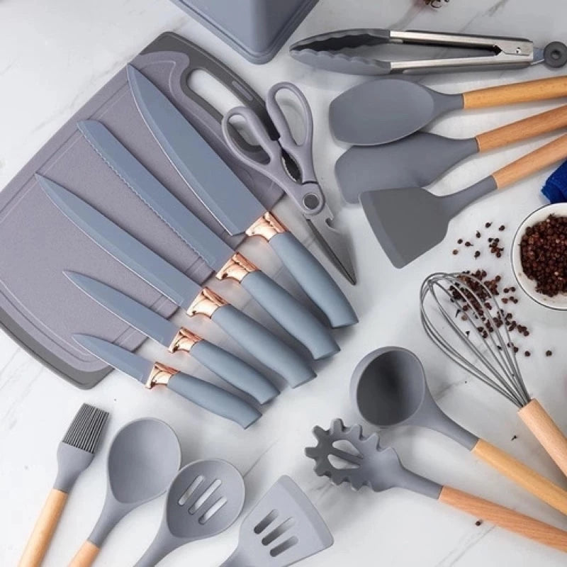 Kit 19 Peças  Jogo de Utensílios de Cozinha em Silicone Completo Antiaderente e Resistente ao calor