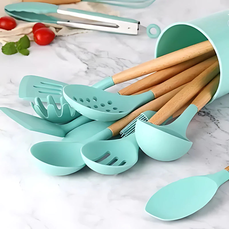 Kit Jogo C/12 Peças Utensílios De Cozinha Colher Espatula Silicone Cabo Madeira Decoração Gabi SHOP