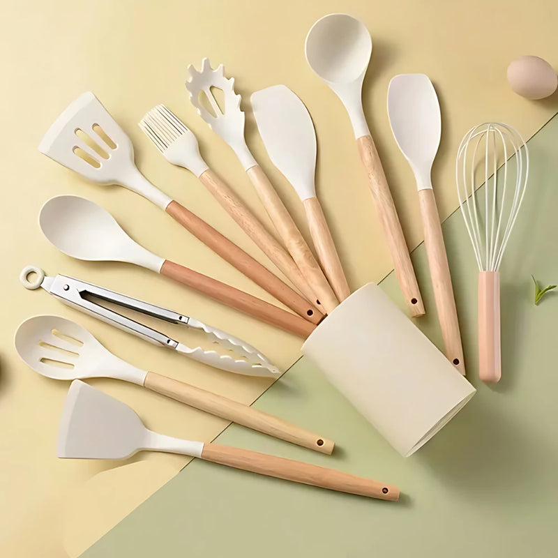 Kit Jogo C/12 Peças Utensílios De Cozinha Colher Espatula Silicone Cabo Madeira Decoração Gabi SHOP