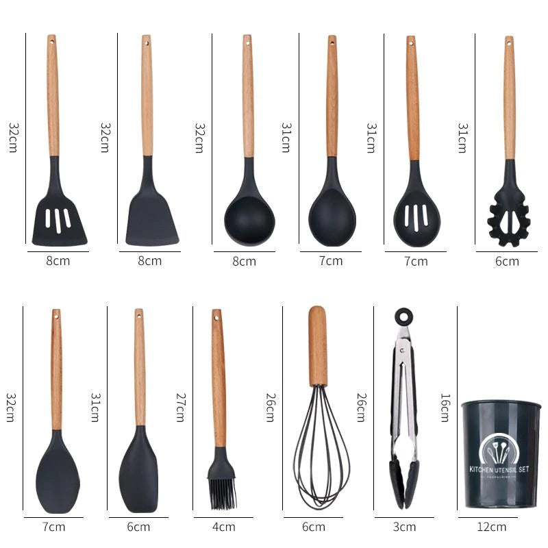 Kit 5/12 Jogo de Cozinha Silicone, Utensílios Suporte para Cozinheiro Cabo de Madeira MasterChef