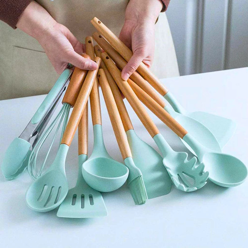 Kit 5/12 Jogo de Cozinha Silicone, Utensílios Suporte para Cozinheiro Cabo de Madeira MasterChef