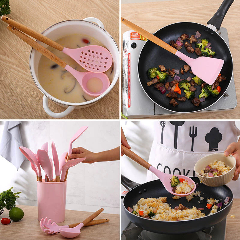 Kit 5/12 Jogo de Cozinha Silicone, Utensílios Suporte para Cozinheiro Cabo de Madeira MasterChef