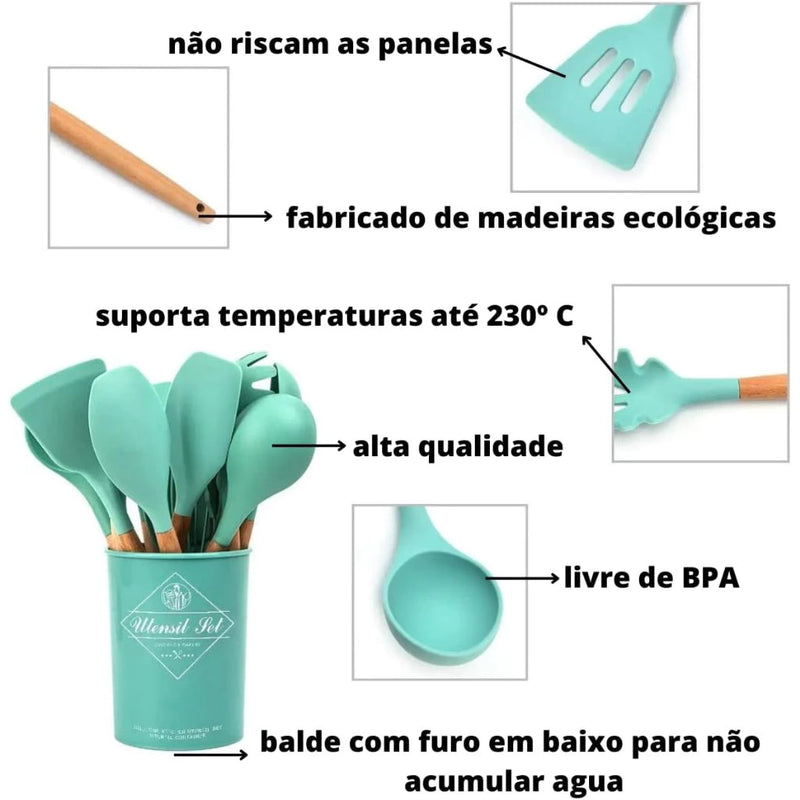 Kit 5/12 Jogo de Cozinha Silicone, Utensílios Suporte para Cozinheiro Cabo de Madeira MasterChef