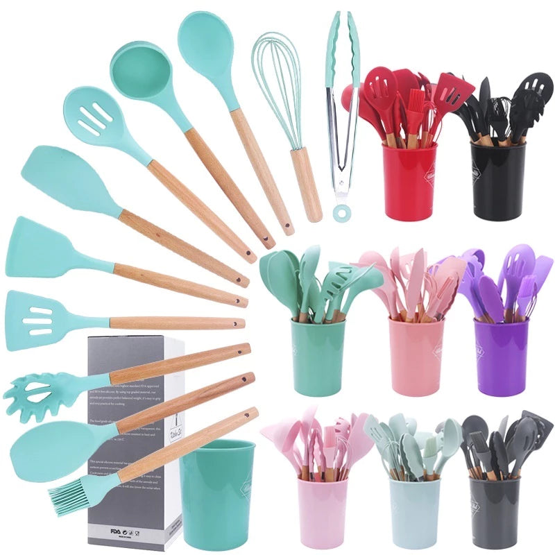 Kit 5/12 Jogo de Cozinha Silicone, Utensílios Suporte para Cozinheiro Cabo de Madeira MasterChef