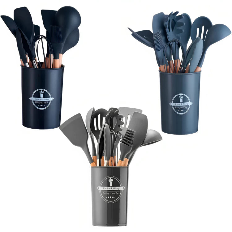 Kit 5/12 Jogo de Cozinha Silicone, Utensílios Suporte para Cozinheiro Cabo de Madeira MasterChef