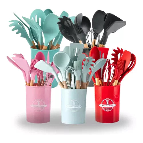 Kit 5/12 Jogo de Cozinha Silicone, Utensílios Suporte para Cozinheiro Cabo de Madeira MasterChef