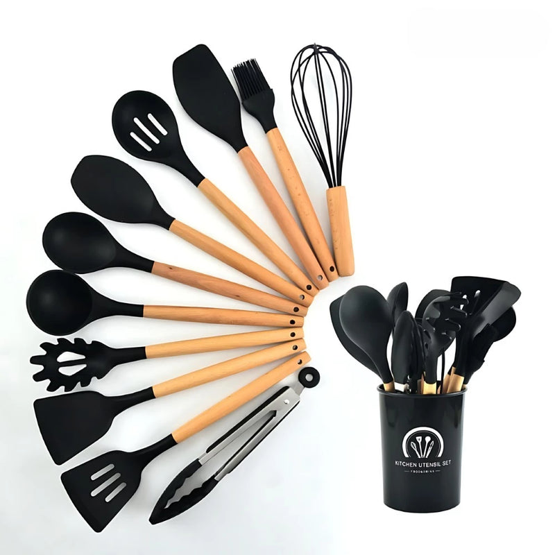 Kit Jogo C/12 Peças Utensílios De Cozinha Colher Espatula Silicone Cabo Madeira Decoração Gabi SHOP