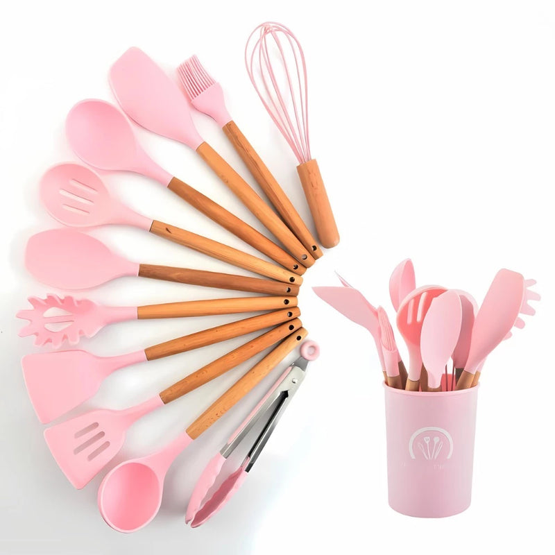 Kit Jogo C/12 Peças Utensílios De Cozinha Colher Espatula Silicone Cabo Madeira Decoração Gabi SHOP