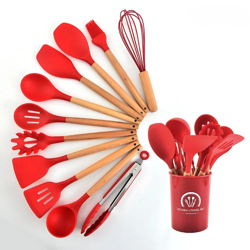 Kit Jogo C/12 Peças Utensílios De Cozinha Colher Espatula Silicone Cabo Madeira Decoração Gabi SHOP