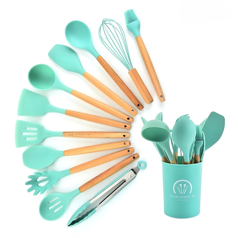 Kit Jogo C/12 Peças Utensílios De Cozinha Colher Espatula Silicone Cabo Madeira Decoração Gabi SHOP