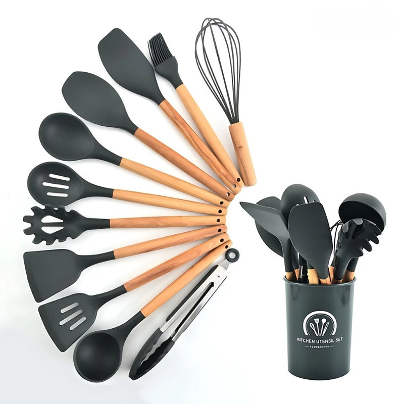 Kit Jogo C/12 Peças Utensílios De Cozinha Colher Espatula Silicone Cabo Madeira Decoração Gabi SHOP