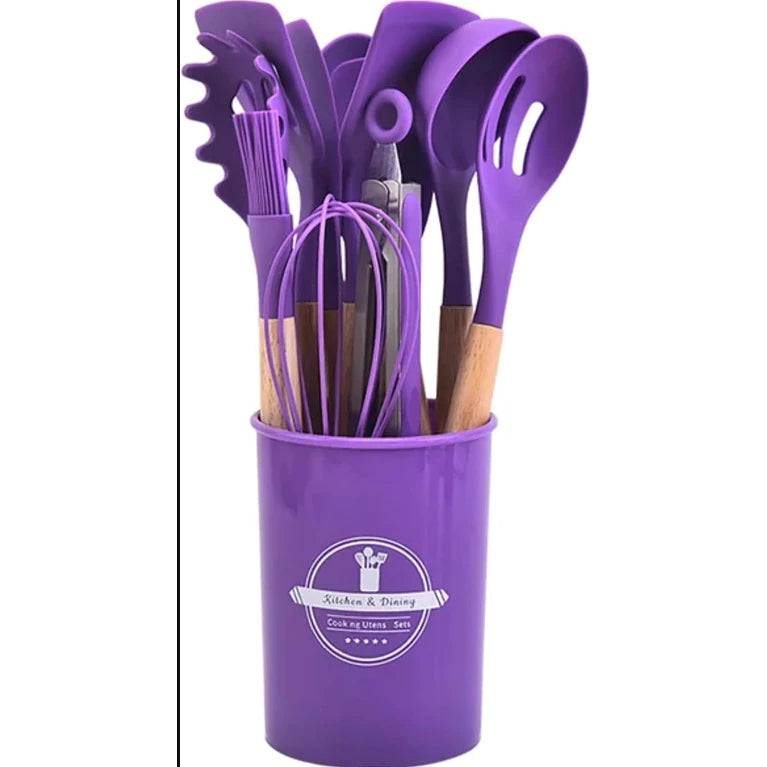 Kit Jogo C/12 Peças Utensílios De Cozinha Colher Espatula Silicone Cabo Madeira Decoração Gabi SHOP