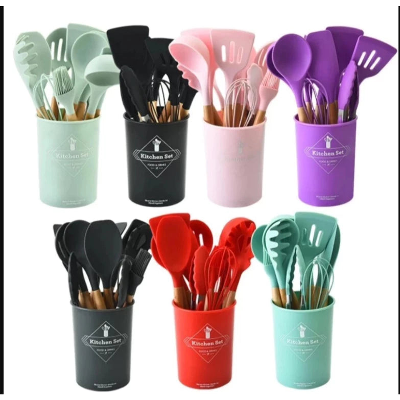 Kit Jogo C/12 Peças Utensílios De Cozinha Colher Espatula Silicone Cabo Madeira Decoração Gabi SHOP