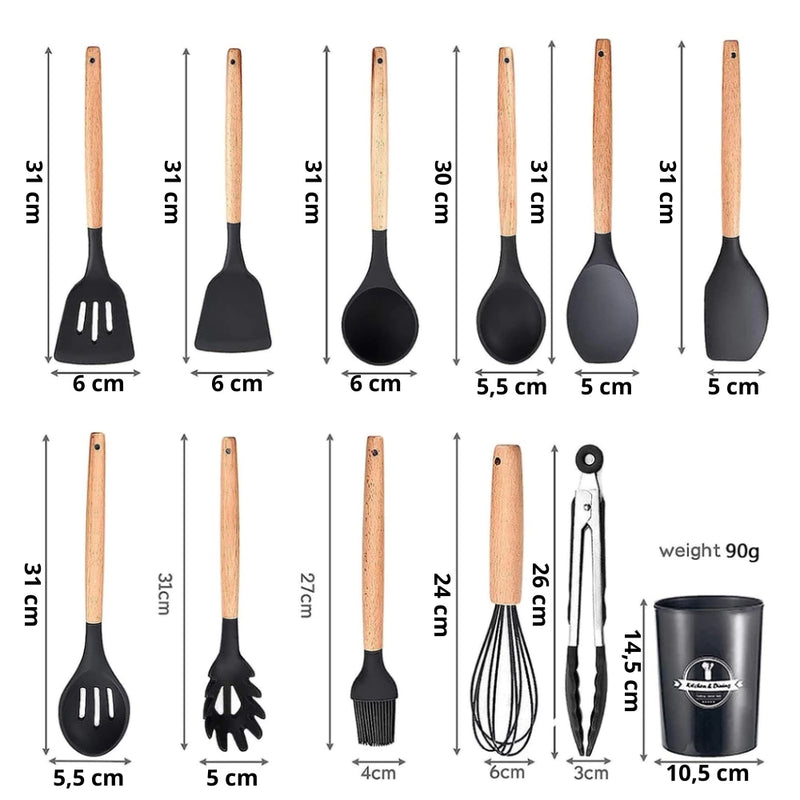 Kit Jogo C/12 Peças Utensílios De Cozinha Colher Espatula Silicone Cabo Madeira Decoração Gabi SHOP