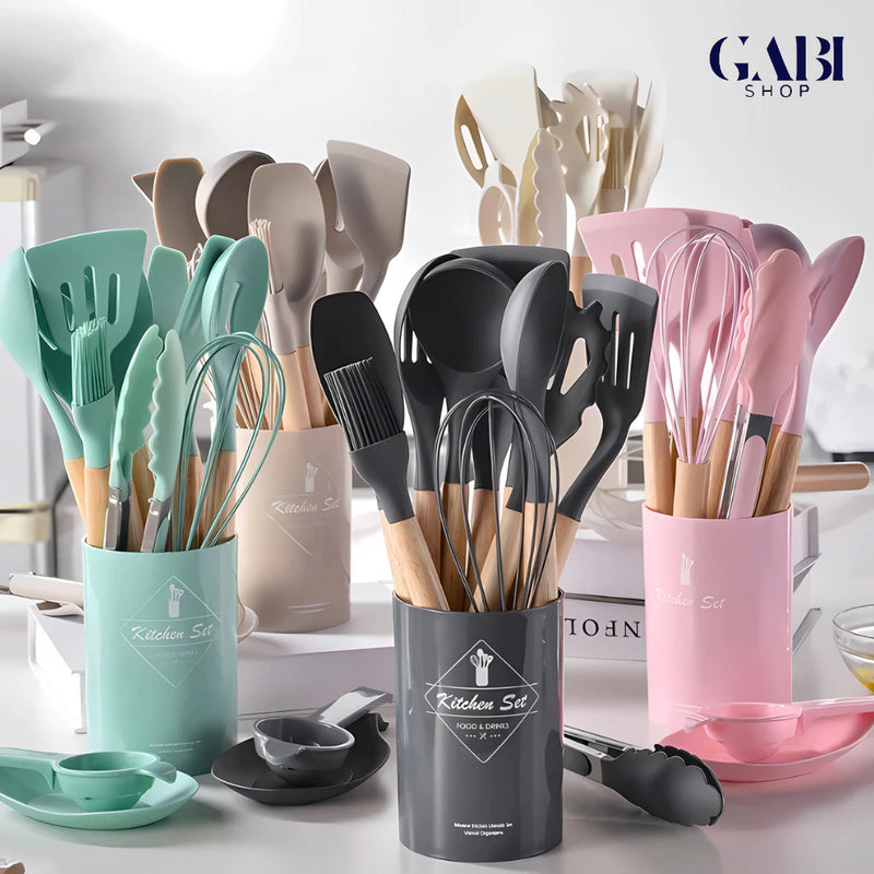 Kit Jogo C/12 Peças Utensílios De Cozinha Colher Espatula Silicone Cabo Madeira Decoração Gabi SHOP