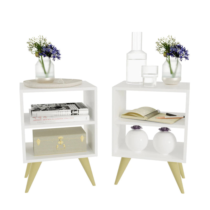 Kit 2 Mesa de Cabeceira Nicho Quarto Casal Decoração Retro Palma Branco