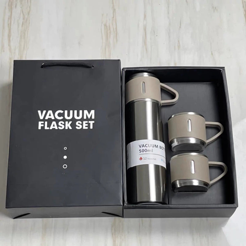 caneca Kit Garrafa Térmica Vacuum Bottle Inox 500ml + 3 Xícaras Bebidas Fria ou Quente